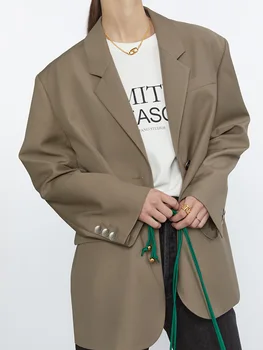 Kadın Moda Ofis Giyim Tek Göğüslü Blazer Ceket Vintage Uzun Kollu Takım Elbise Ceket Cepler Kadın Giyim Chic Tops