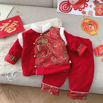 Çocuklar noel kıyafeti Kırmızı Kış Sıcak Tops + Pantolon 2 Parça Çin Tarzı Yeni Yıl Yürümeye Başlayan Giysi Unisex Erkek Kız Setleri