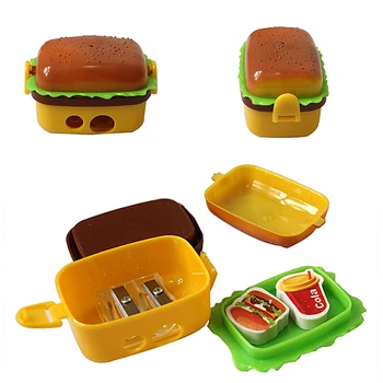 Kawaii Hamburger Şekilli Kalemtıraş İki Silgi ile Sevimli Güzel Çocuklar Okul Kalem Bıçak Kırtasiye Malzemeleri Sıcak Satış