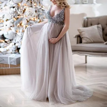 Sequins İplik hamile elbiseleri Fotoğraf Çekimi İçin V Yaka Gebelik Elbise Fotoğraf Hamile Fotoğrafçılığı Sahne Uzun Maxi Elbise
