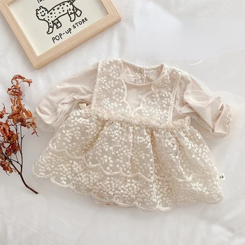 Bebek Romper Elbise Kız İlkbahar ve Sonbahar Prenses Elbise Bebek Dantel Tatlı Düz Renk Rahat Basit Sevimli Dış Giyim Bebek Çocuklar için